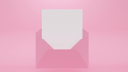 Poster - Mock up open envelope with white paper on pink background with shadow. Minimal modern seamless motion design. Abstract loop animation