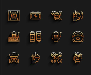 Sticker - Set line Mars rover, Smart glasses, Processor with microcircuits CPU, Drone, Robot burned out, Battery, vacuum cleaner and icon. Vector