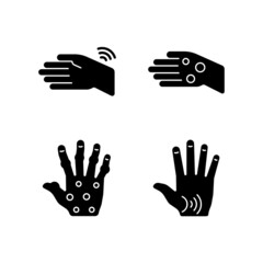 Sticker - Arthritis in hands black glyph icons set on white space. Wrists rheumatism. Fingers deformity. Rheumatoid nodules. Osteoarthritis in thumb. Silhouette symbols. Vector isolated illustration