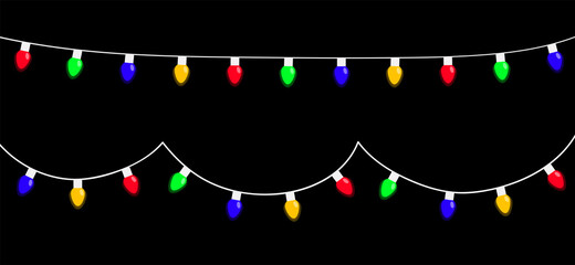 Wall Mural - Christmas lights set. Colorful string fairy light. Cartoon holiday festive xmas decoration. Lightbulb glowing garland line. Rainbow color. Different shape. Flat design. Isolated. Black background.
