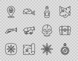 Wall Mural - Set line Wind rose, Compass, Alcohol drink Rum, Pirate treasure map, Location pirate, Cannon, Ship steering wheel and Antique chest icon. Vector