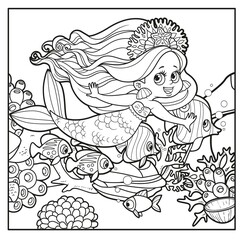 Poster - Cute little mermaid girl swimming with a flock of fish nearby outlined for coloring page on seabed with corals and algae background