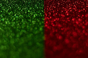 Wall Mural - green and red sparkling glitter bokeh background, christmas abstract defocused texture. holiday ligh