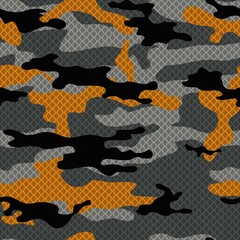 
Abstract camouflage gray background, orange spots, vector geometric seamless pattern on textiles.