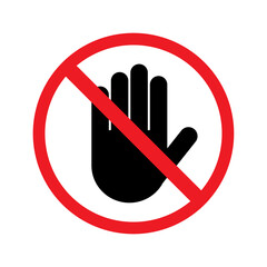 Stop sign, white hand in red octagonal, vector. Stop hand vector warning icon for no entry or don't touch sign.