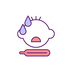 Sticker - Fever in baby RGB color icon. Viral infection symptom. Childhood pneumonia. High temperature in little child. Medical condition. Sick toddler. Isolated vector illustration. Simple filled line drawing