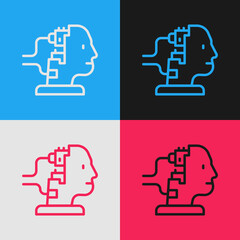 Poster - Pop art line Robot connected for maintenance icon isolated on color background. Artificial intelligence, machine learning, cloud computing. Vector