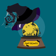 Halloween Illustration In Snowglobe With Witch Hat