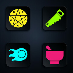 Sticker - Set Magic mortar and pestle, Pentagram in a circle, Fireball and Hand saw. Black square button. Vector