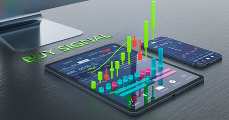 Stock Signal, Buy Signal, Sell Signal, Mobile foreign exchange trading - 3d render illustrator