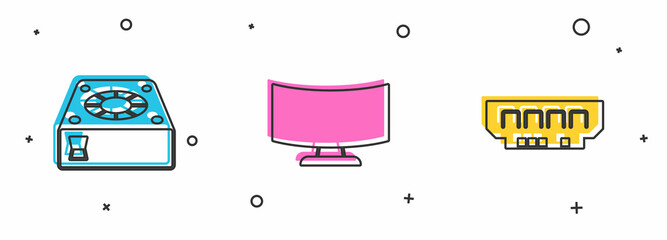 Set Computer cooler, monitor screen and RAM, random access memory icon. Vector