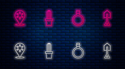 Poster - Set line Cactus peyote in pot, Canteen water bottle, Hexagram sheriff and Shovel. Glowing neon icon on brick wall. Vector