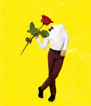 Contemporary Art Collage, Modern Design. Retro Style. Young Stylish Man Headed By Red Rose Flower. Surrealism