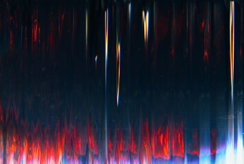 Canvas Print - Glitch overlay. Dust scratch noise. Weathered old film. Digital distortion. Dark blue red color tech defect dirt stain texture LCD screen abstract background.