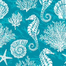 Marine Vector Hand Drawn Pattern With Sea Shells, Stars, Seahorse And Coral. Highly Detailed. Perfect For Textiles, Wallpaper And Prints.