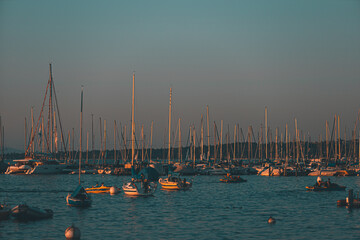 Sticker - Scenic view of sailing boats in the pier during a sunset