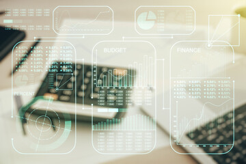 Poster - Multi exposure of abstract statistics data hologram interface on calculator and pc background, computing and analytics concept