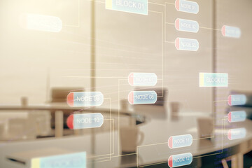Poster - Multi exposure of abstract graphic coding sketch on a modern furnished classroom background, big data and networking concept
