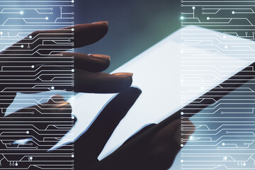 Poster - Creative abstract micro chip hologram and finger presses on a digital tablet on background, artificial intelligence and machine learning concept. Multi exposure