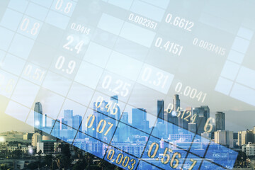 Poster - Multi exposure of abstract virtual graphic data spreadsheet sketch on Los Angeles cityscape background, analytics and analysis concept