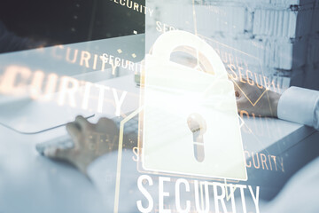 Aufkleber - Creative lock illustration with microcircuit and hands typing on computer keyboard on background, cyber security concept. Multiexposure