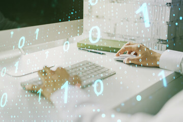 Aufkleber - Creative abstract binary code sketch and hands typing on computer keyboard on background, hacking and matrix concept. Multiexposure