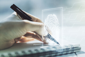 Poster - Abstract creative fingerprint concept with woman hand writing in notebook on background. Multiexposure