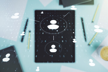 Poster - Double exposure of social network icons concept and modern digital tablet on background. Networking concept