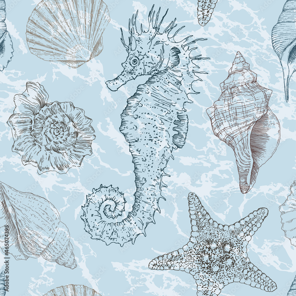 Marine vector hand drawn pattern with sea shells, stars, seahorse and ...