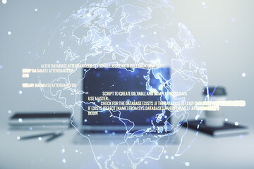 Poster - Multi exposure of abstract creative coding sketch with world map on modern laptop background, artificial intelligence and neural networks concept
