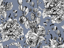 Retro Seamless Black White Floral Pattern With Hydrangeas And Roses Drawn In Pencil And Watercolor In Vintage Style On A Gray Background For Textile Surface Design