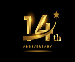 Golden 14 year anniversary celebration logo design with star symbol