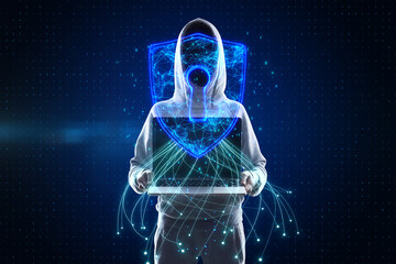 Aufkleber - Hacker in hoodie holding laptop computer with glowing blue padlock hud on dark background. Safety, web security, malware and future concept.