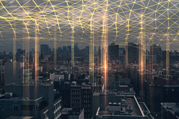 Poster - Creative city texture with glowing polygonal connections. Urban technology, smart city and future concept. Double exposure.