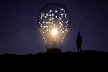 Poster - Back view of backlit businessman looking at creative glowing lamp with polygonal connections on night landscape background. Idea and innovation concept.