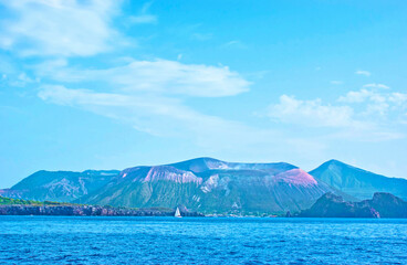 Wall Mural - The view on Porto di Ponente on Vulcano Island  with big smoking cone, named Fossa, Aeolian Islands, Italy.