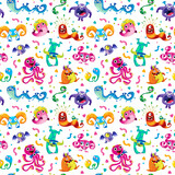 Fototapeta Dinusie - Monsters and colorful aliens, Seamless pattern on a white background. Cheerful childrens multicolored illustration with cute funny and childish characters in cartoon style, hand drawing