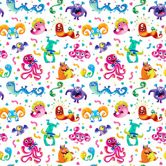  Monsters and colorful aliens, Seamless pattern on a white background. Cheerful childrens multicolored illustration with cute funny and childish characters in cartoon style, hand drawing