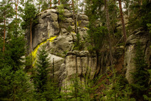 Adrspach Teplice Rocks, The Sandstone Landscape In Bohemia, Czech Republic. Cliffs And Mountains In Adršpach-Teplice Rocks With A Yellow Line. Adersbach-Weckelsdorfer Felsenstadt, Europe Hills.