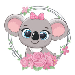  Cute koala girl in a wreath of flowers. Vector illustration of a cartoon.