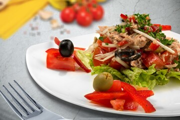 Poster - Grilled tasty salad dish and fresh vegetable. Healthy lunch menu.