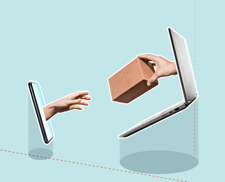 Abstract collage with laptop, smartphone and human hand with carton box. Concept of online shopping, delivery.