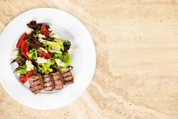 Poster - Meat fillet with salad. Healthy food, diet lunch concept.