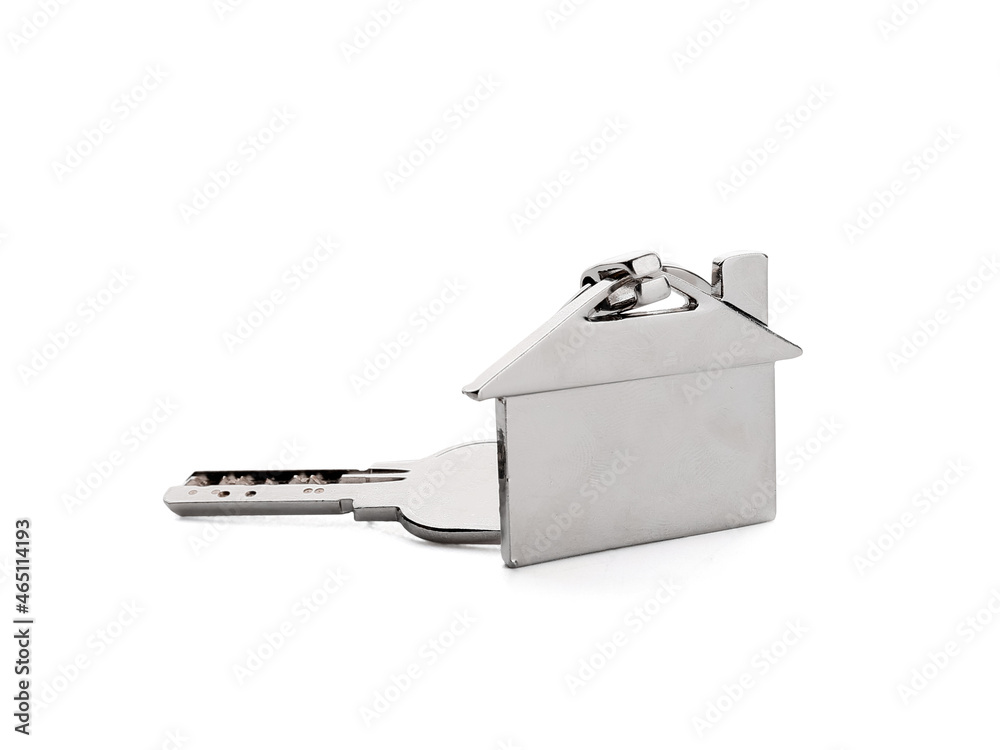 Home key with metal house shaped keychain on white background
