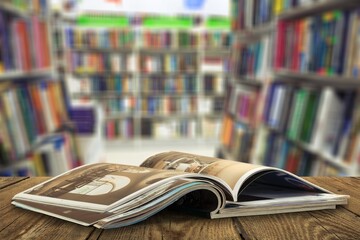 Wall Mural - open book on old wooden table in the library
