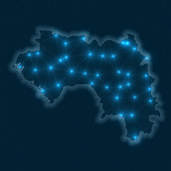 Guinea network map. Abstract geometric map of the country. Digital connections and telecommunication design. Glowing internet network. Vibrant vector illustration.