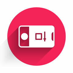 White Mobile phone with record frame camera icon isolated with long shadow. Mobile app application. Photo and video shooting. Red circle button. Vector