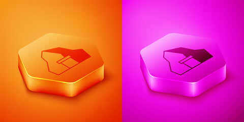 Isometric Gold mine icon isolated on orange and pink background. Hexagon button. Vector