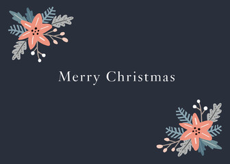Wall Mural - Christmas greeting card, invitation. Floral corners of red poinsettia flowers, berries and fir tree branches. Merry Christmas text. Winter vector illustration, web banner. Dark blue background.