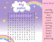 Stay Positive Word Search Puzzle. Activity Game Page To Attract An Audience On Social Networks. Crossword Positive Thinking With Answers. Find Hidden Words. Vector Poster For Social Media